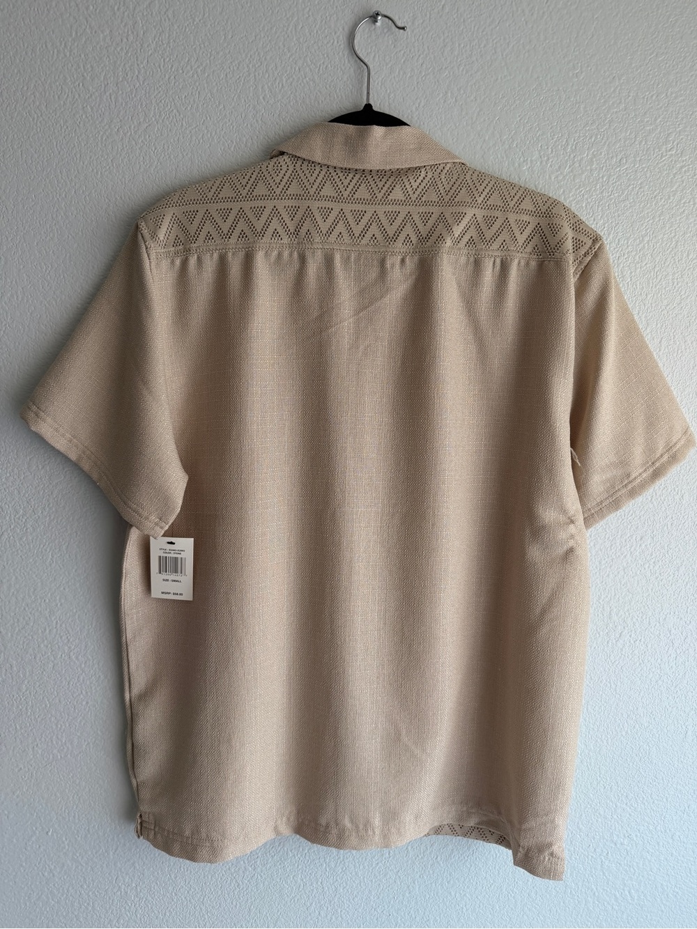 Malibu Beige Short Sleeve Button-Up Knit Shirt with Geometric Texture - Picture 2 of 5